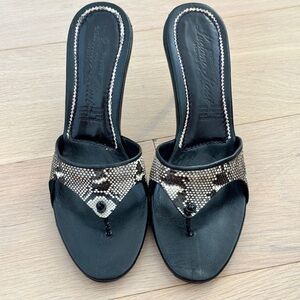 Black Snakeskin-Accent Thong Heels - Women's